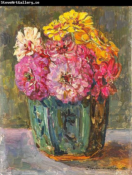 Floris Verster Stillife with zinnias in a ginger pot.